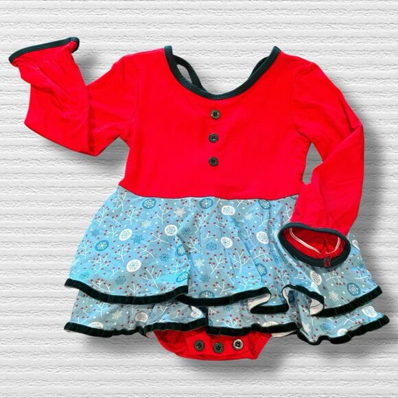 Bella Rose 2T  Christmas Holiday Bodysuit Dress Red Blue Snowflake LS Romper - Picture 1 of 4